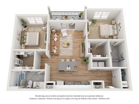 Floor plan for 2 beds, 2 baths, 1007 sqft